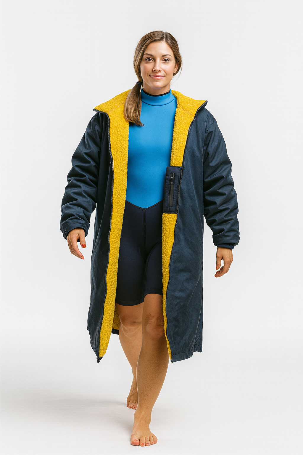 Waterproof Navy Changing Robe with Ochre Teddy Fleece Lining
