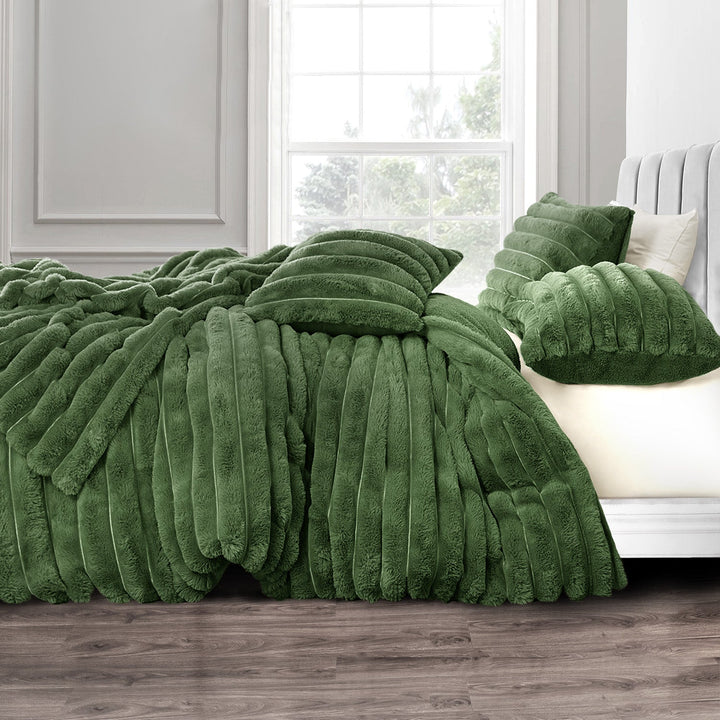 Olive Chunky Cord Faux Rabbit Fur Duvet Cover Set