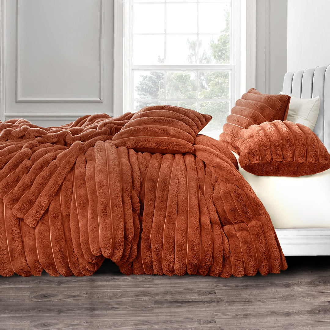 Orange Chunky Cord Faux Rabbit Fur Duvet Cover Set