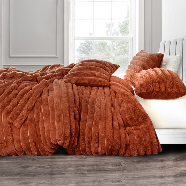 Orange Chunky Cord Faux Rabbit Fur Duvet Cover Set