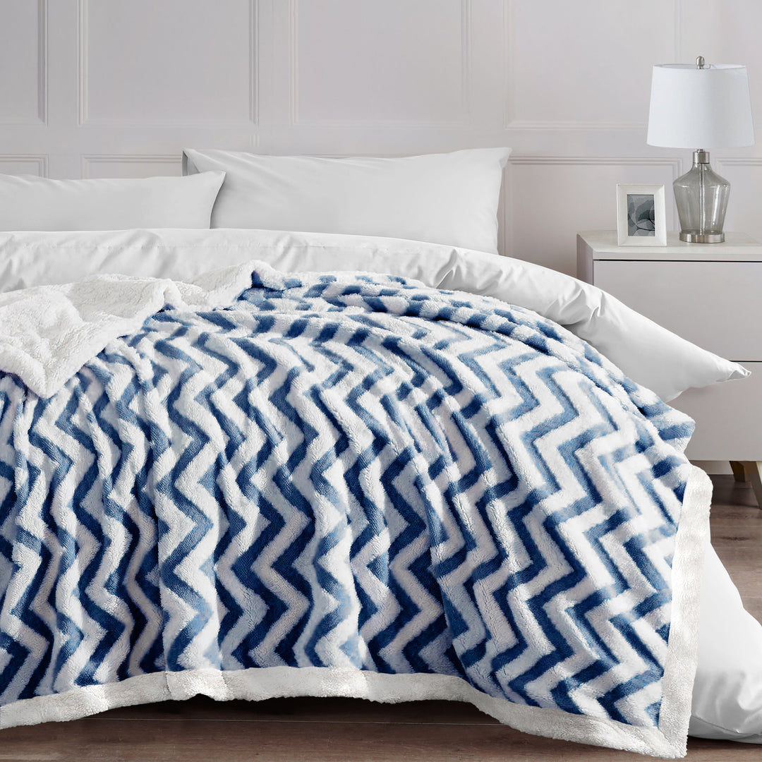 Navy Jacquard Chevron Sherpa Fleece Throw