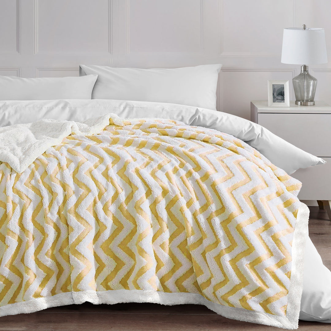 Ochre Jacquard Chevron Sherpa Fleece Throw