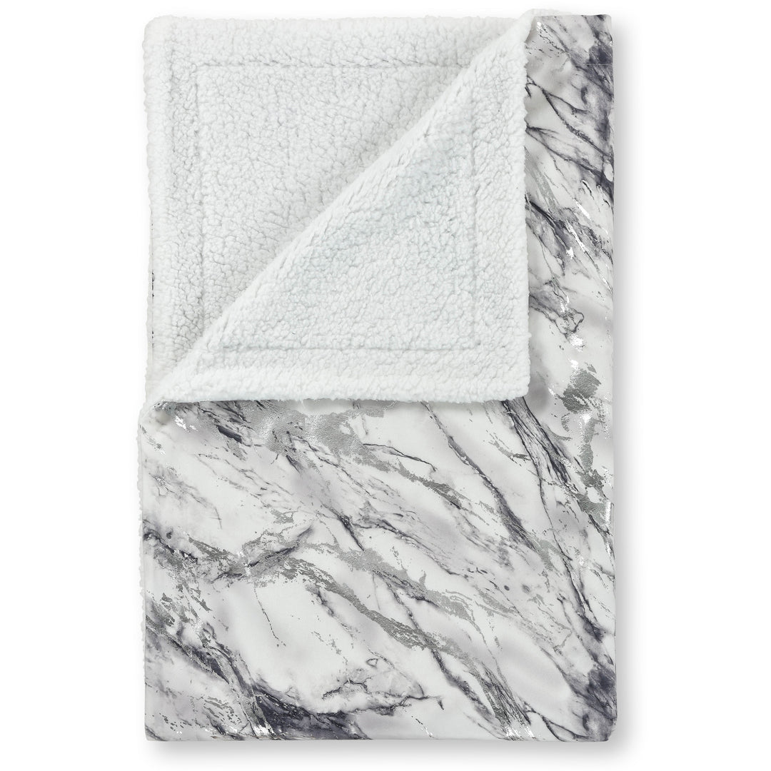 Metallic Foil Silver Marble Sherpa Silver Throw