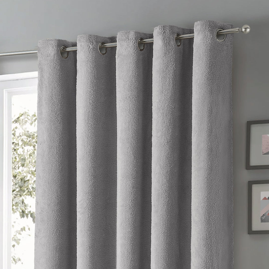 Teddy Fleece Silver Readymade Eyelet Curtains