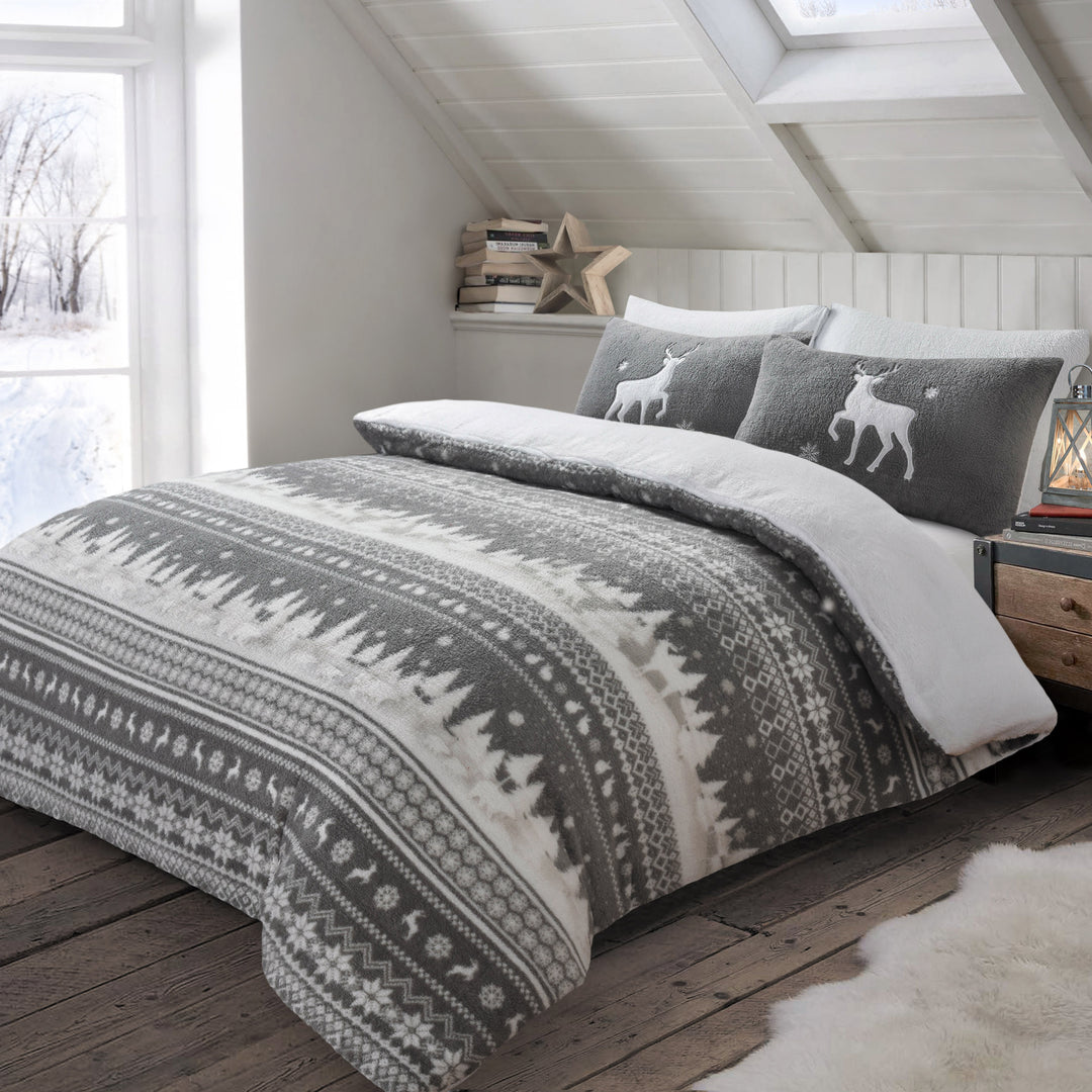 Nordic Print Grey Teddy Fleece Duvet Cover Set