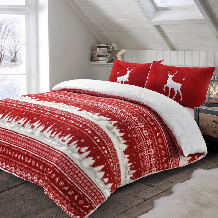 Nordic Printed Red Teddy Fleece Duvet Cover Set