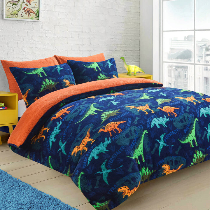 Dinosaur Blue Teddy Fleece Duvet Cover Set