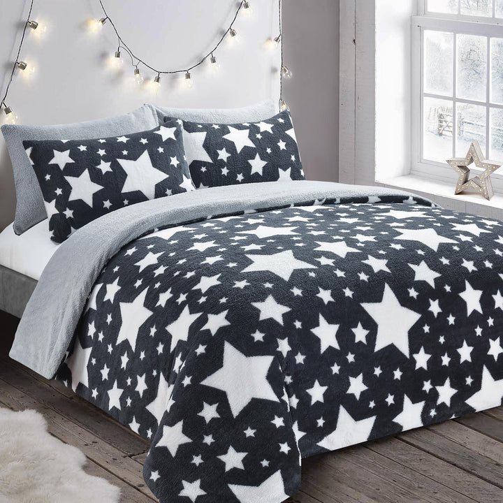 Galaxy Charcoal Teddy Fleece Duvet Cover Set