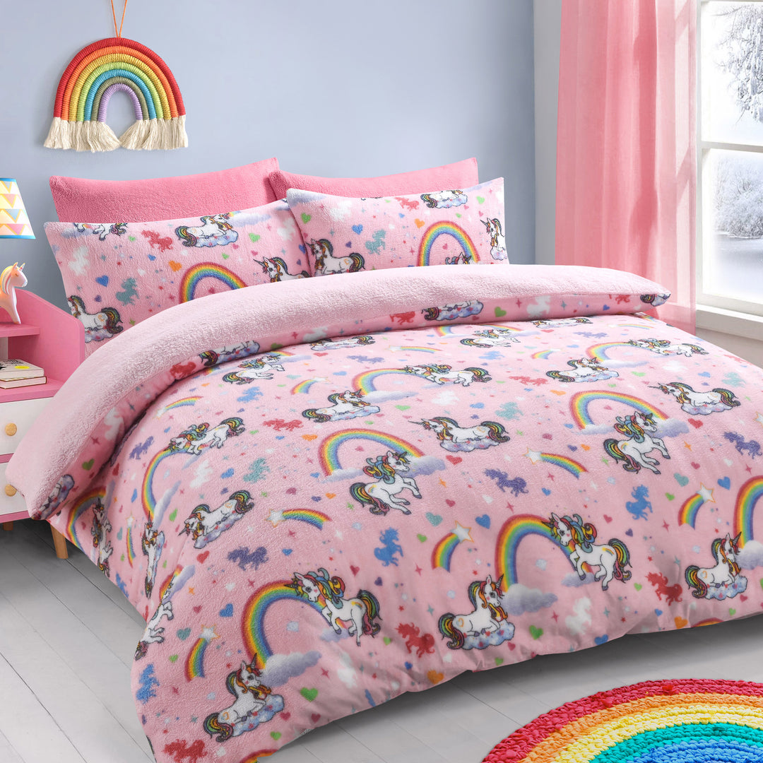 Unicorns & Rainbows Teddy Fleece Duvet Cover Set