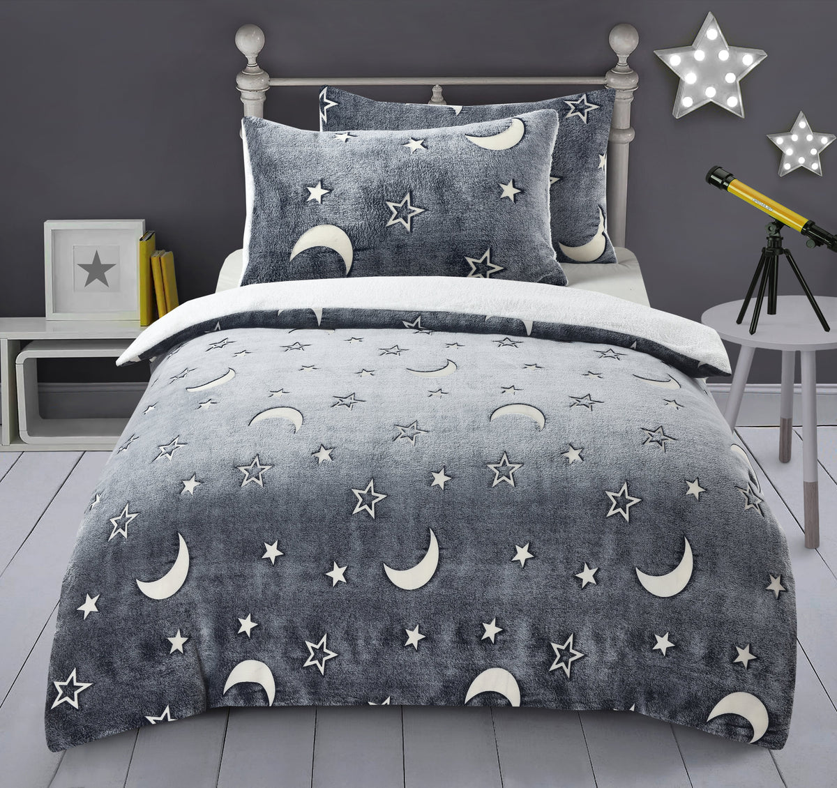 Glow In The Dark Moon Stars Teddy Duvet Cover Set