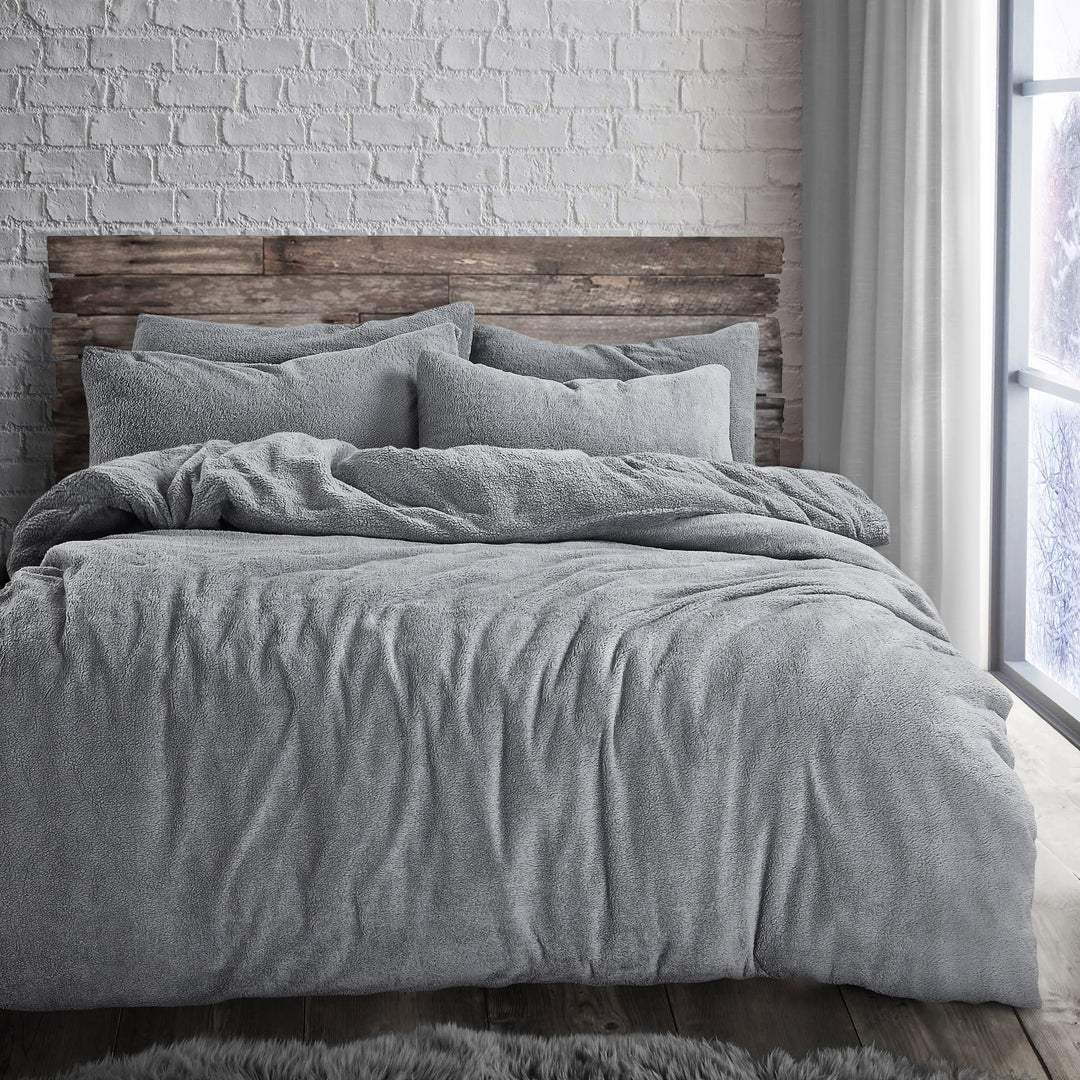 Grey Teddy Fleece Duvet Cover Set