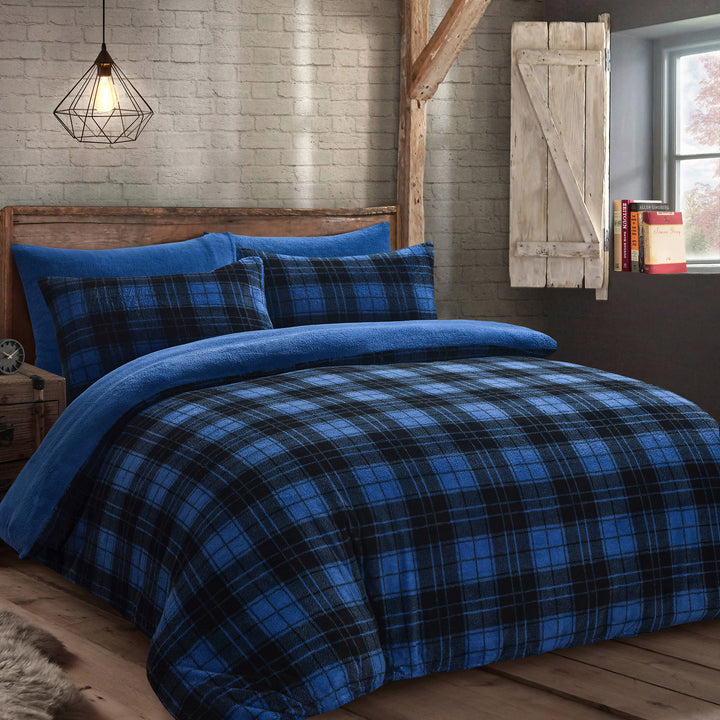 Blue Check Teddy Fleece Duvet Cover Set