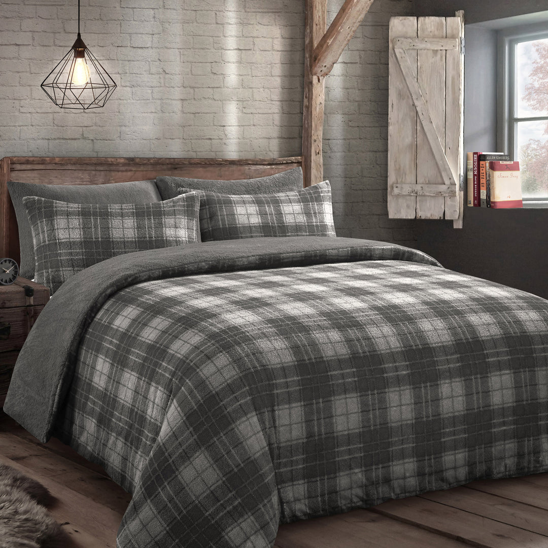 Grey Check Teddy Fleece Duvet Cover Set