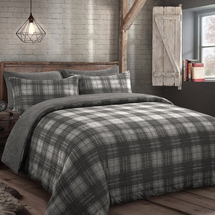 Grey Check Teddy Fleece Duvet Cover Set