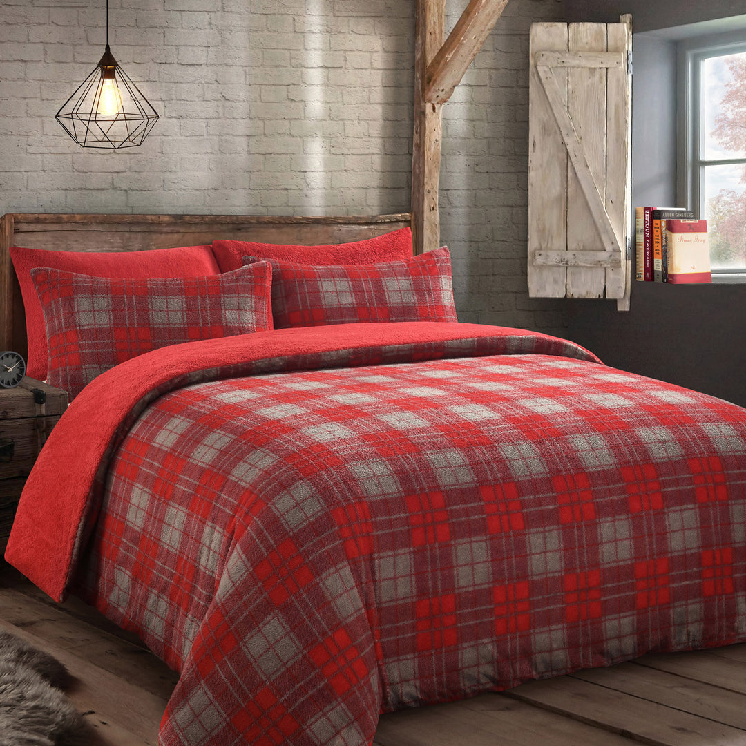 Red Check Teddy Fleece Duvet Cover Set