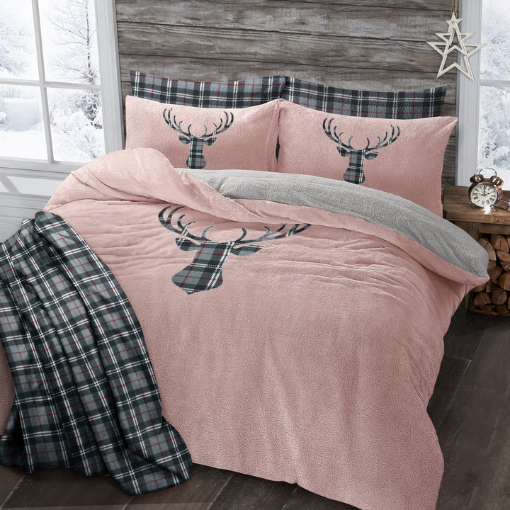 Stag Head Pink Teddy Fleece Duvet Cover Set