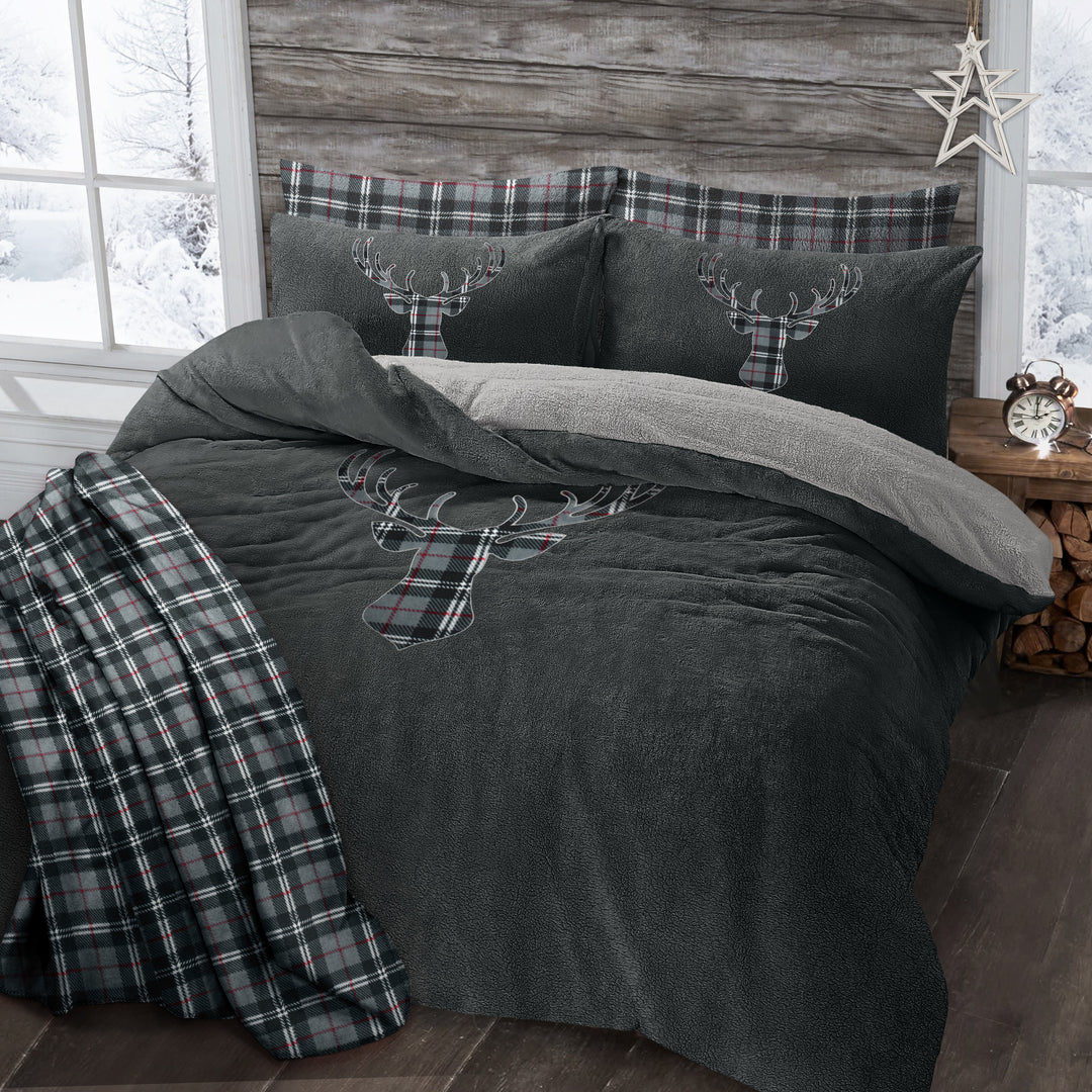 Charcoal Stag Head Teddy Duvet Cover Set