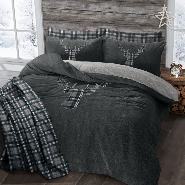 Charcoal Stag Head Teddy Duvet Cover Set