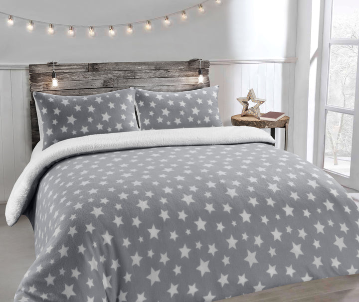 Stars Grey Teddy Fleece Duvet Cover Set