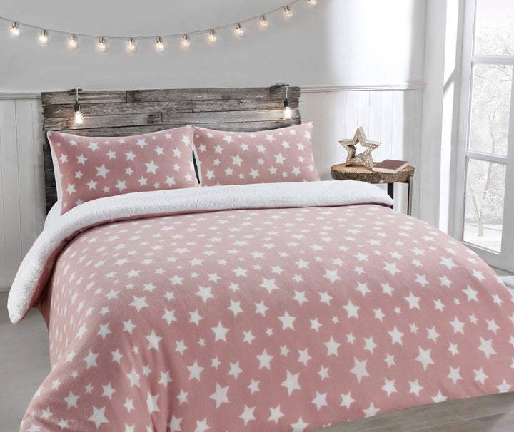 Stars Pink Teddy Fleece Duvet Cover Set