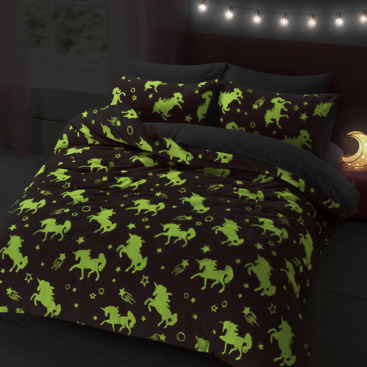 Glow In The Dark Unicorn Teddy Fleece Duvet Cover Set