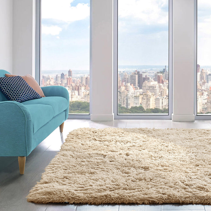 Beige Shaggy Anti Slip Sponge Cushioned Area Rug