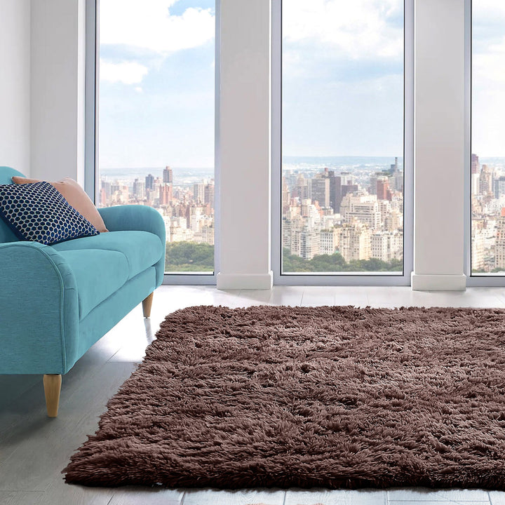 Chocolate Brown Shaggy Anti Slip Sponge Cushioned Rug