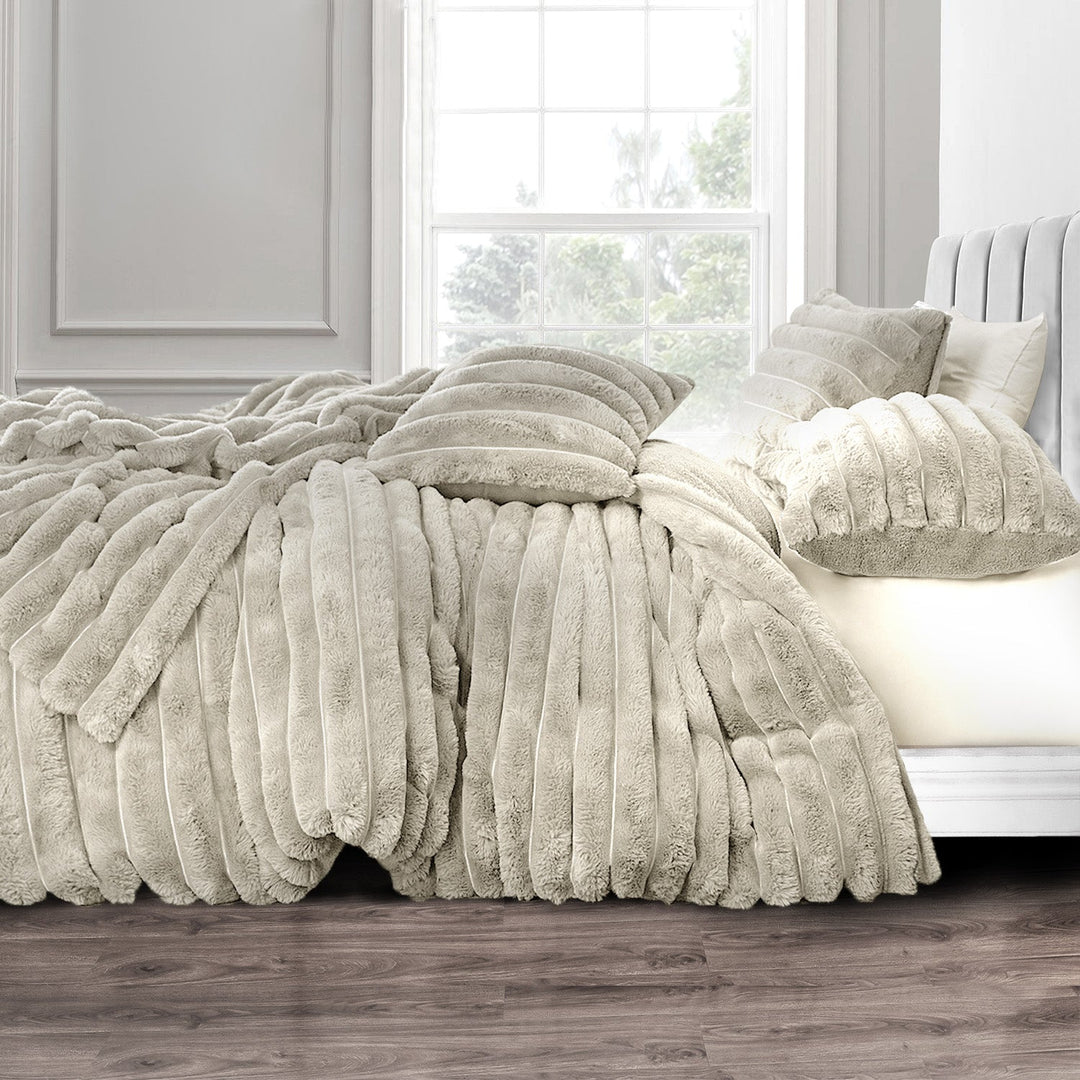 Taupe Chunky Cord Faux Rabbit Fur Duvet Cover Set
