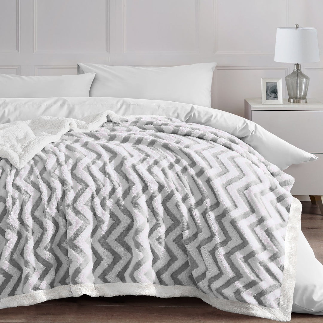 Grey Jacquard Chevron Sherpa Fleece Throw