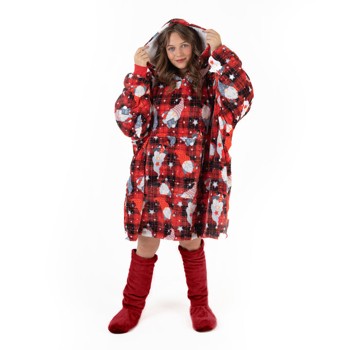 Red Tartan Check Gonks Hoodie Blanket
