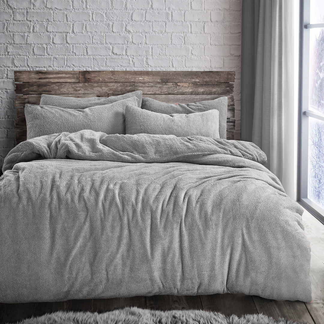 Ash Grey Teddy Fleece Duvet Cover Set