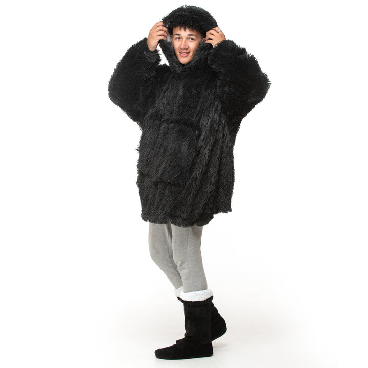 Black Shaggy Fur Hoodie Blanket