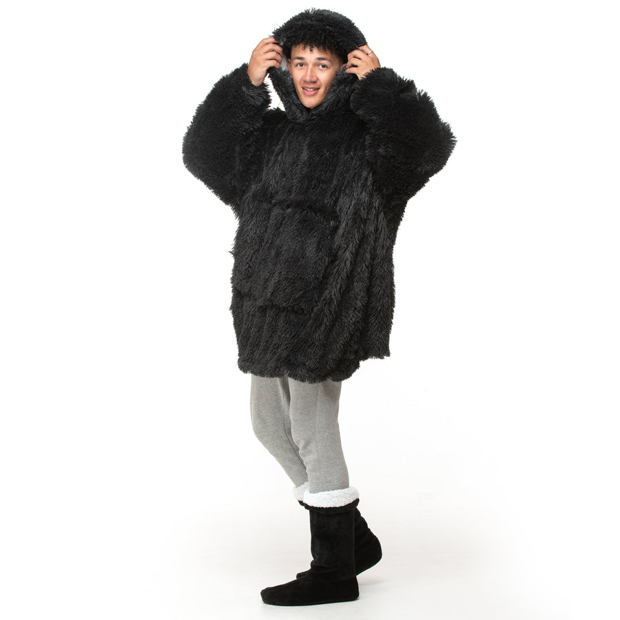 Black Shaggy Fur Hoodie Blanket