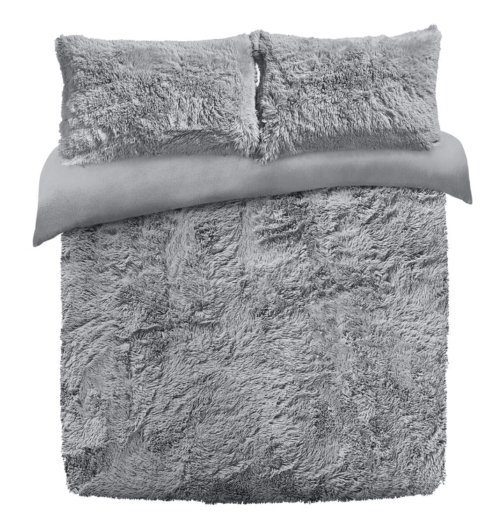 Grey Long Pile Faux Fur Duvet Cover Set