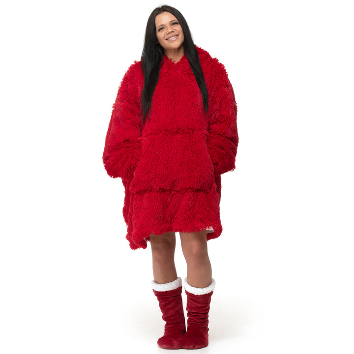 Red Shaggy Fur Hoodie Blanket