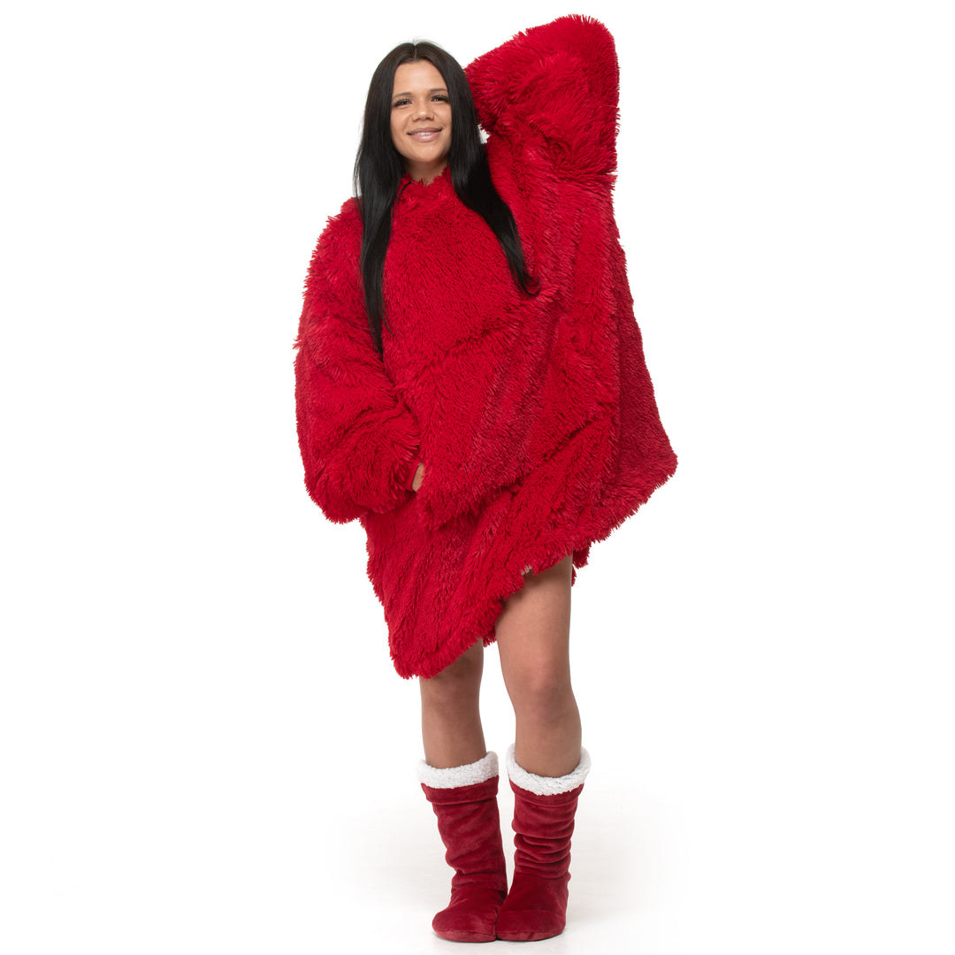 Red Shaggy Fur Hoodie Blanket