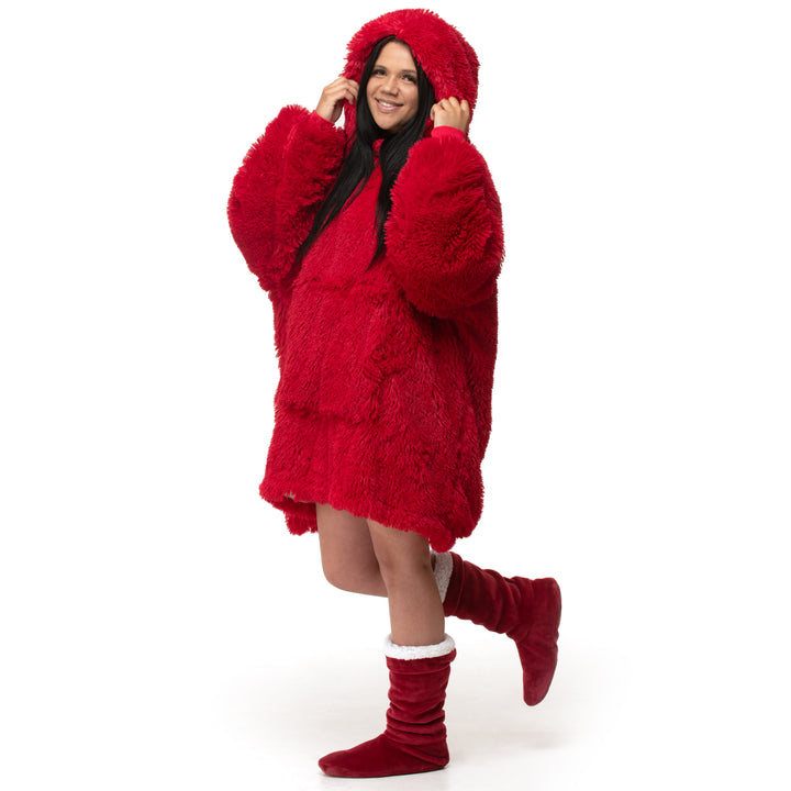 Red Shaggy Fur Hoodie Blanket