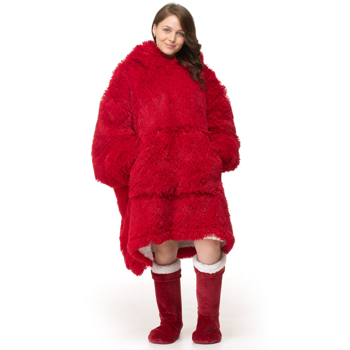 Red Shaggy Fur Hoodie Blanket