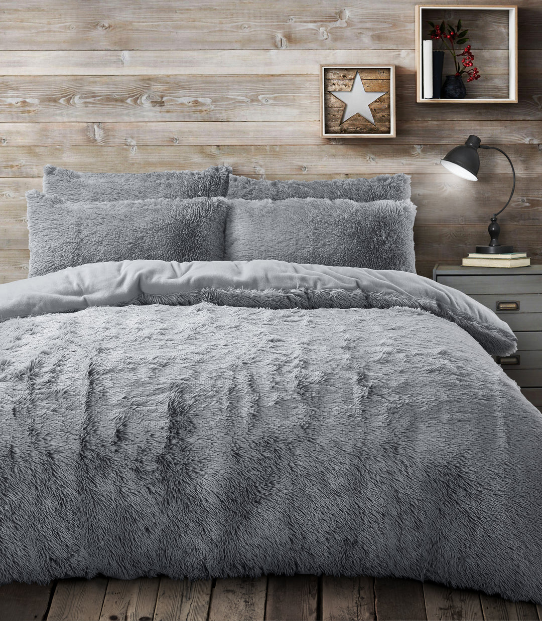 Grey Long Pile Faux Fur Duvet Cover Set
