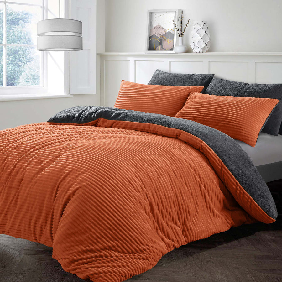 Pumpkin Orange Charcoal Corduroy Ribbed Duvet Cover Set