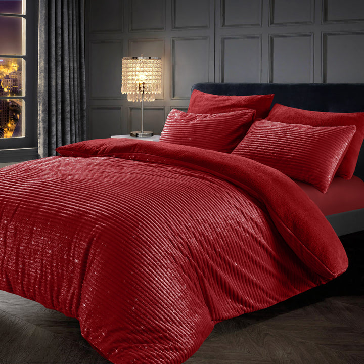 Sparkle Red Corduroy Ribbed Duvet Cover Set