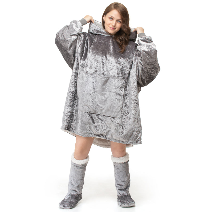 Silver Crushed Velvet Hoodie Blanket