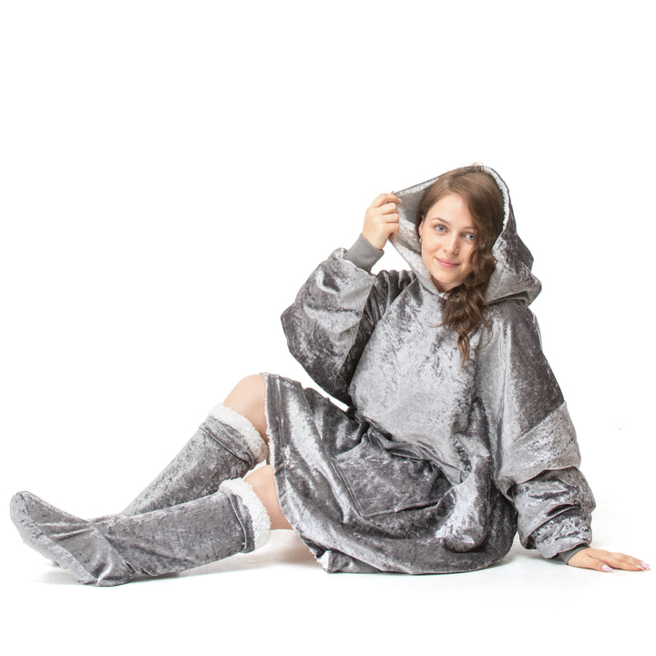Silver Crushed Velvet Hoodie Blanket