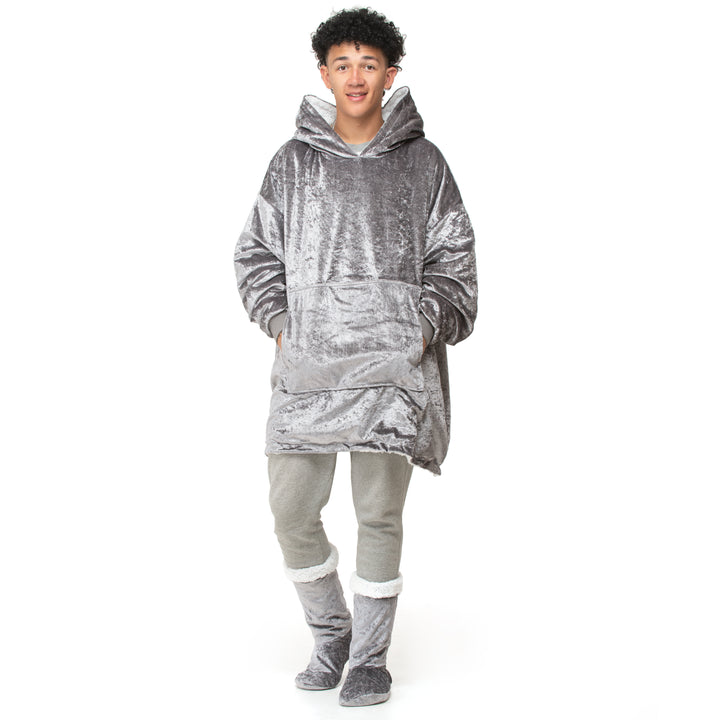 Silver Crushed Velvet Hoodie Blanket