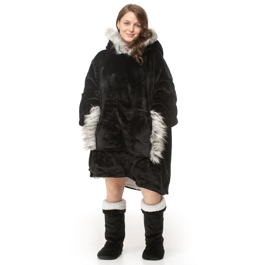 Black Faux Fur Trim Hoodie Blanket