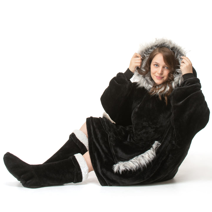 Black Faux Fur Trim Hoodie Blanket