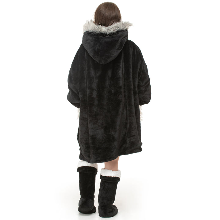 Black Faux Fur Trim Hoodie Blanket