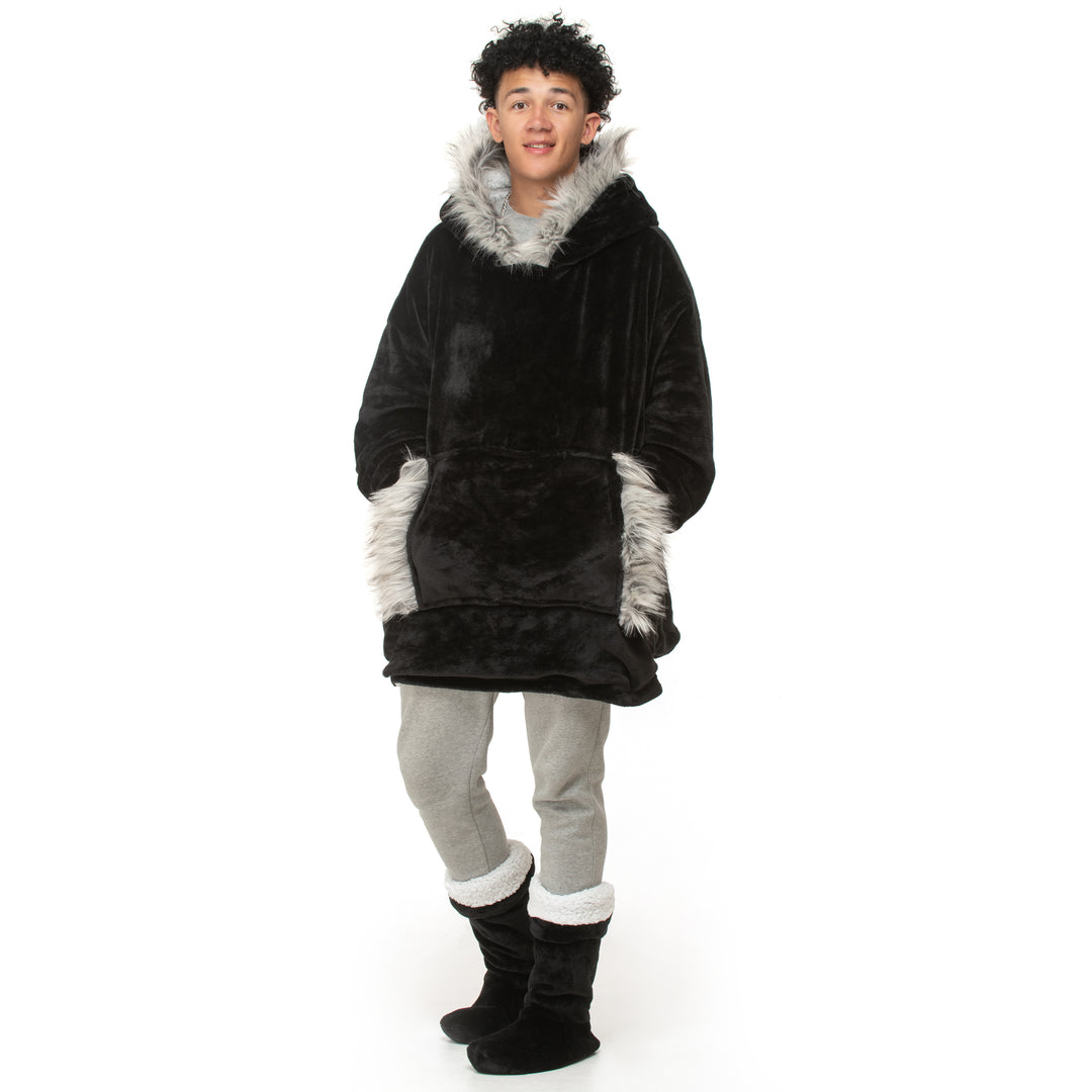 Black Faux Fur Trim Hoodie Blanket