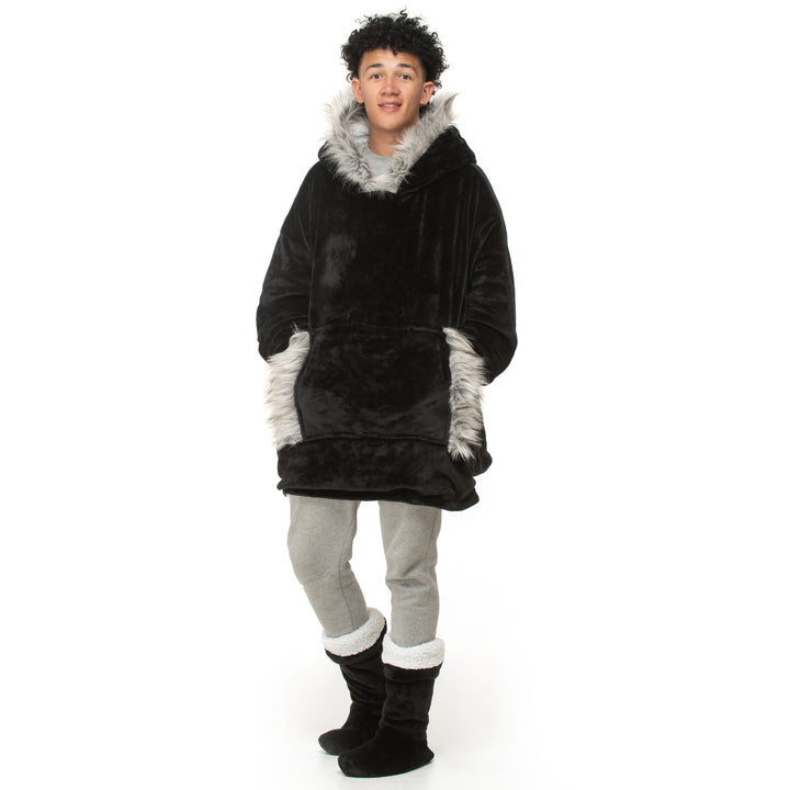 Black Faux Fur Trim Hoodie Blanket