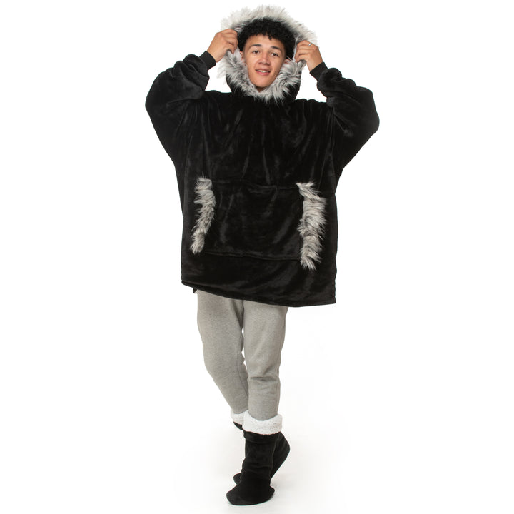 Black Faux Fur Trim Hoodie Blanket